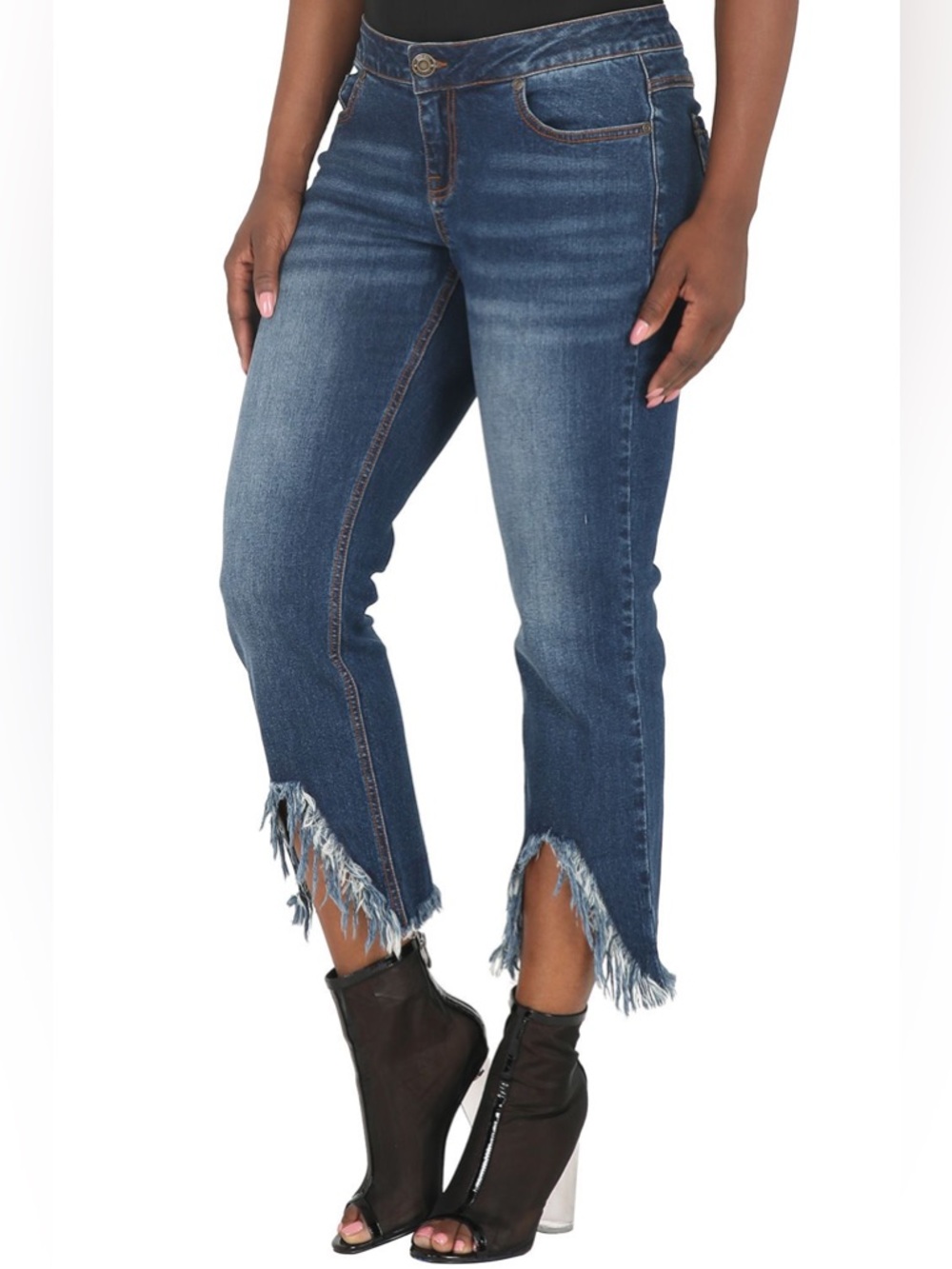 Poetic Justice Curvy Fit Mid Rise Cropped Jeans Frayed High Low Step Hem 18 NWT - Picture 13 of 15